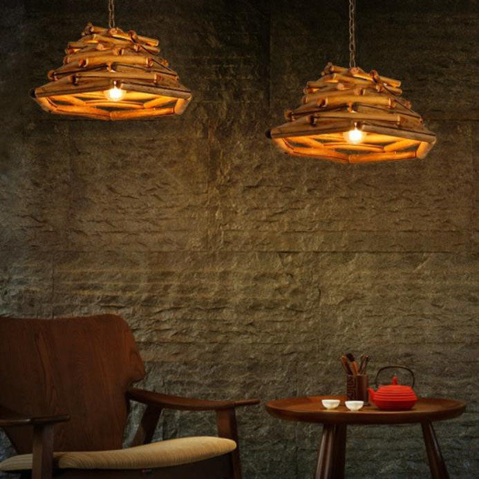 Traditional Vintage Solid Wood Iron Tree Branch Cone 1-Light Pendant Light for Living Room