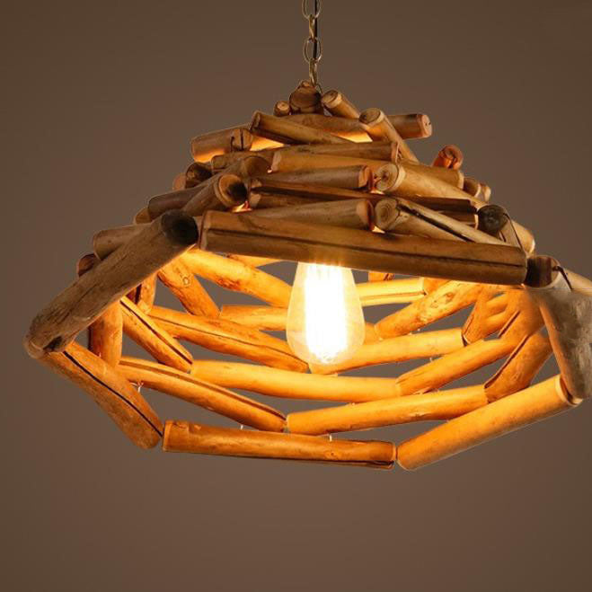 Traditional Vintage Solid Wood Iron Tree Branch Cone 1-Light Pendant Light for Living Room
