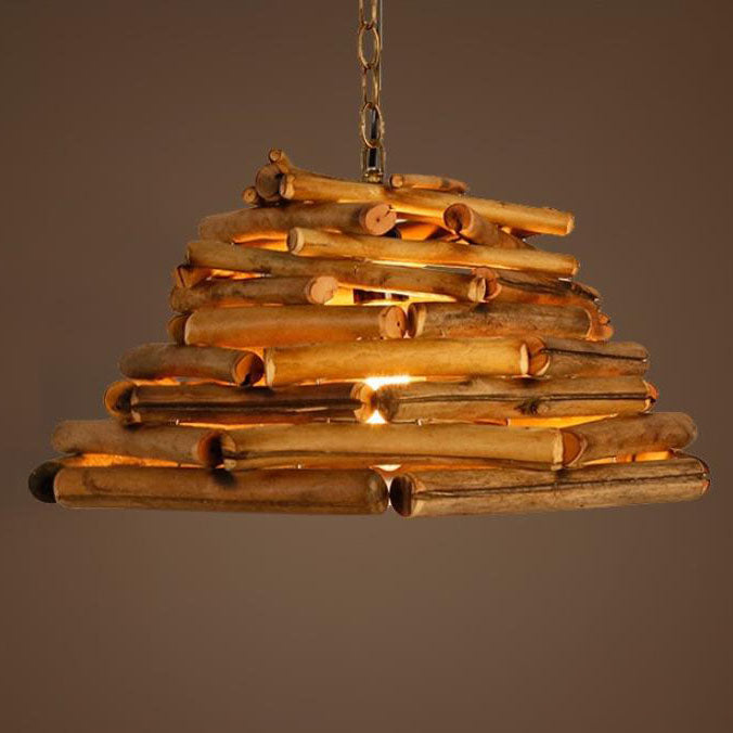 Traditional Vintage Solid Wood Iron Tree Branch Cone 1-Light Pendant Light for Living Room