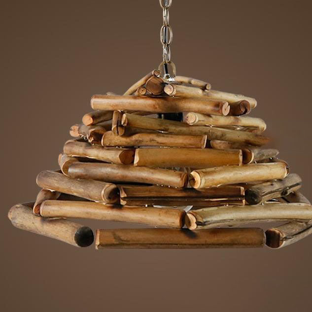Traditional Vintage Solid Wood Iron Tree Branch Cone 1-Light Pendant Light for Living Room