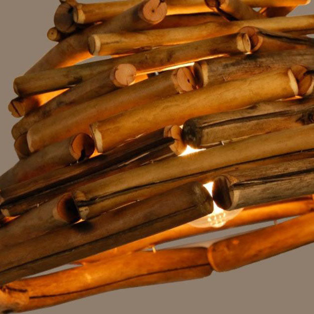 Traditional Vintage Solid Wood Iron Tree Branch Cone 1-Light Pendant Light for Living Room