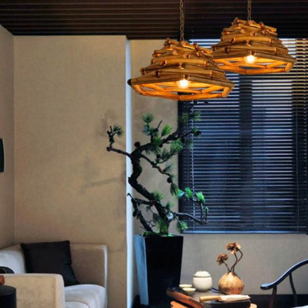 Traditional Vintage Solid Wood Iron Tree Branch Cone 1-Light Pendant Light for Living Room