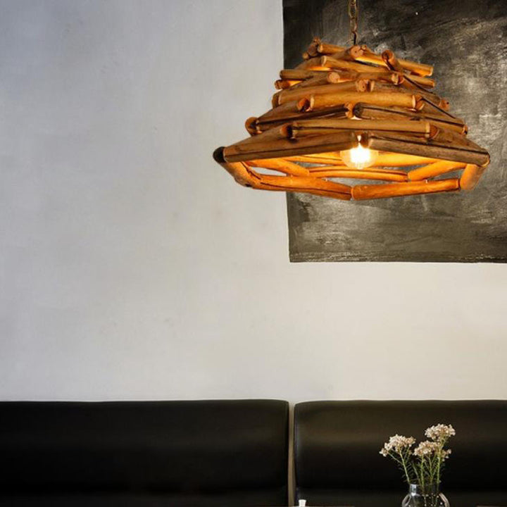 Traditional Vintage Solid Wood Iron Tree Branch Cone 1-Light Pendant Light for Living Room