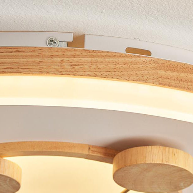 Traditional Japanese Cartoon Round Iron Wood Acrylic LED Flush Mount Ceiling Light For Living Room