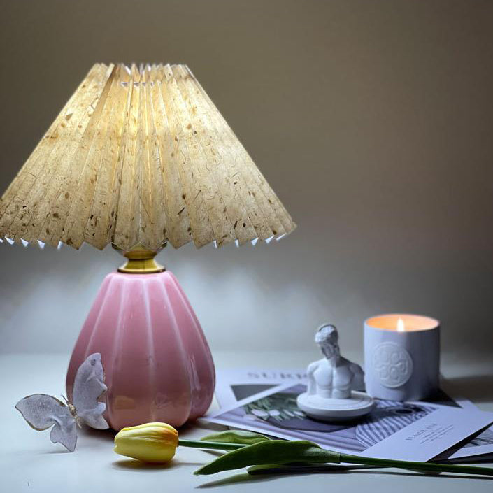 Scandinavian Vintage Mushroom Pleated PVC Fabric Ceramic 1-Light Table Lamp