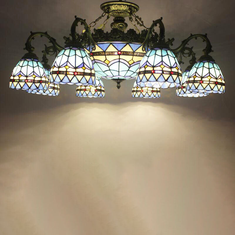 Tiffany Retro Beige Barock Buntglas 11-Licht Semi-Flush Mount Deckenleuchte 