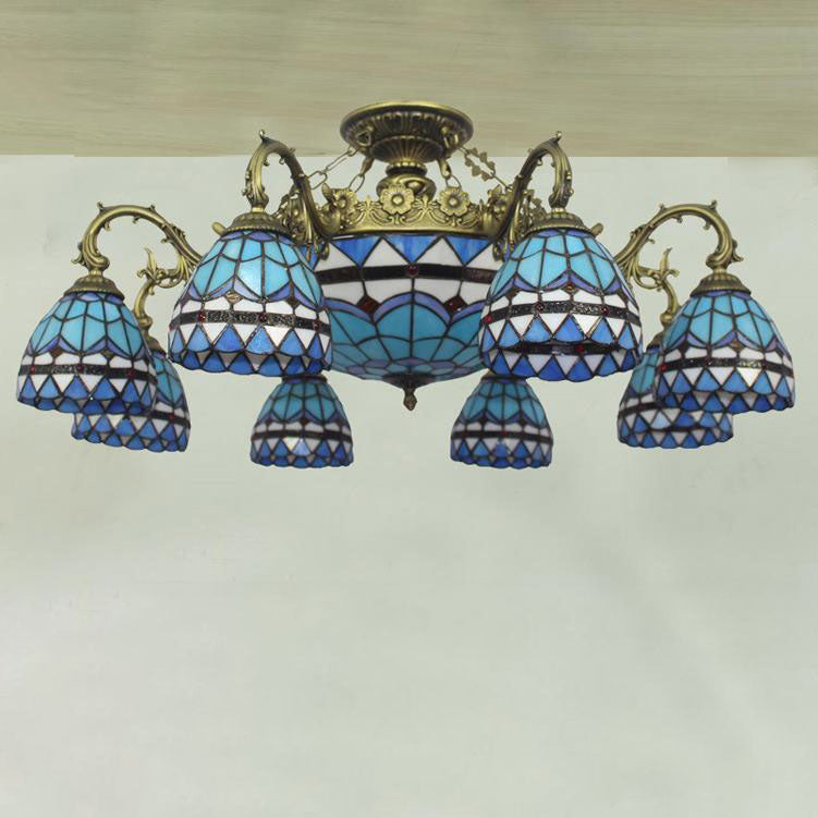 Tiffany Retro Beige Barock Buntglas 11-Licht Semi-Flush Mount Deckenleuchte 