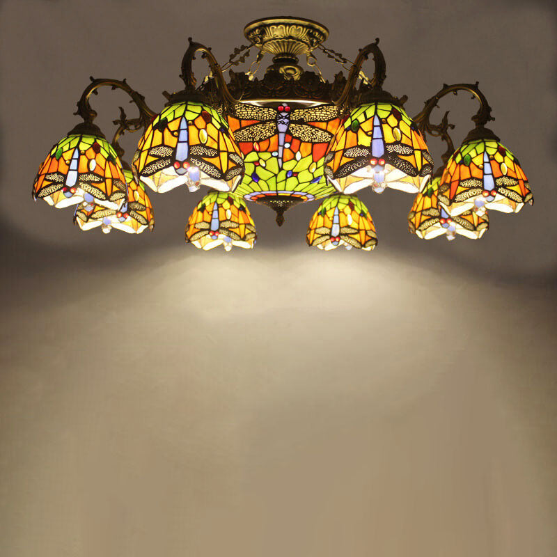 Tiffany Retro Beige Barock Buntglas 11-Licht Semi-Flush Mount Deckenleuchte 