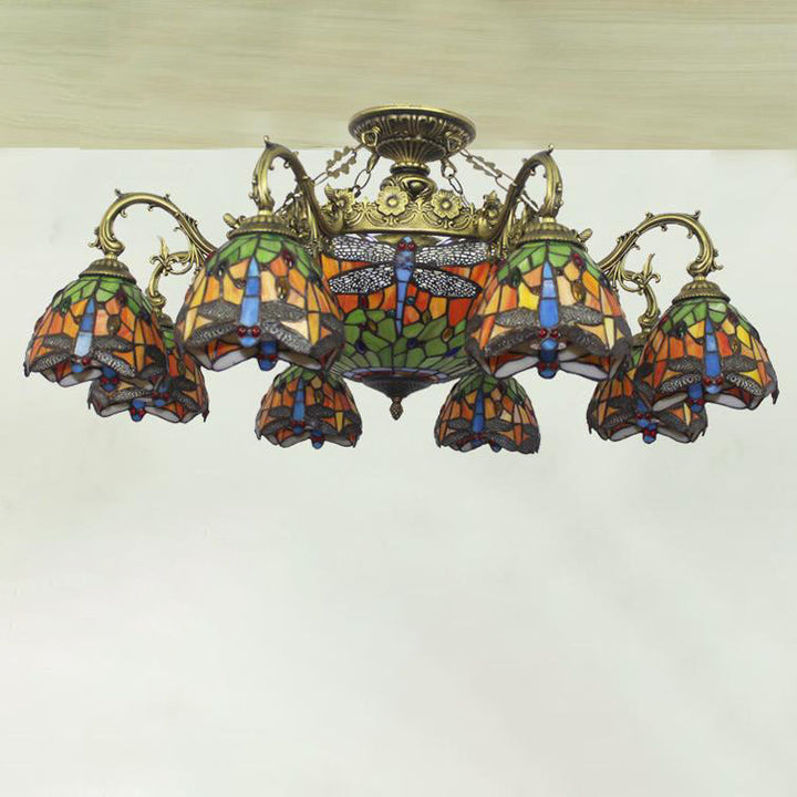 Tiffany Retro Beige Barock Buntglas 11-Licht Semi-Flush Mount Deckenleuchte 