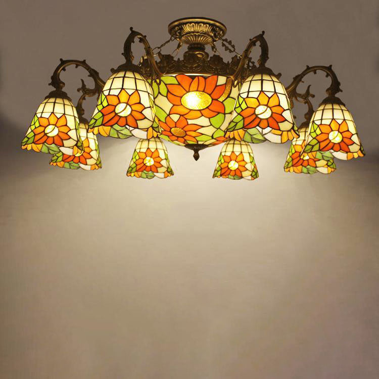 Tiffany Retro Beige Barock Buntglas 11-Licht Semi-Flush Mount Deckenleuchte 