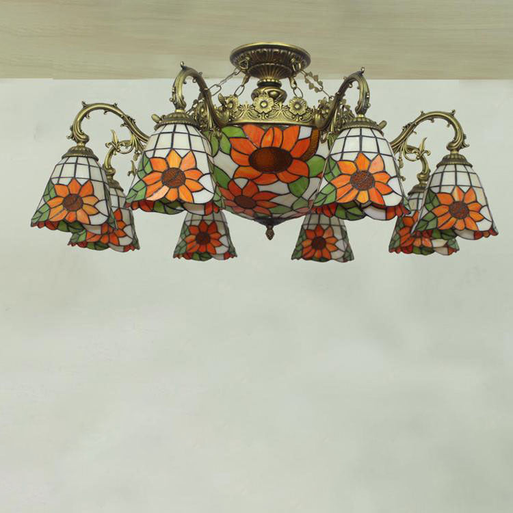 Tiffany Retro Beige Barock Buntglas 11-Licht Semi-Flush Mount Deckenleuchte 