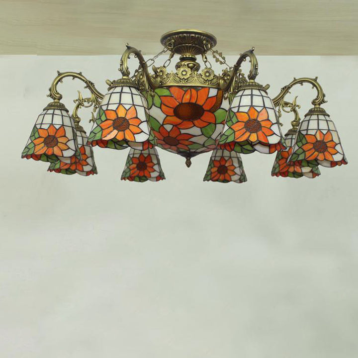 Tiffany Retro Beige Barock Buntglas 11-Licht Semi-Flush Mount Deckenleuchte 