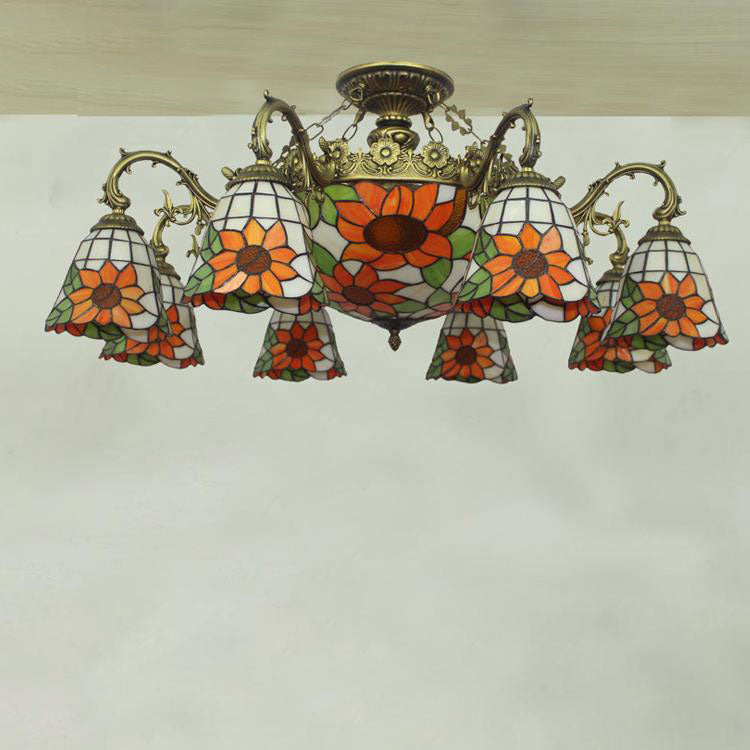 Tiffany Retro Beige Baroque Stained Glass 11-Light Semi-Flush Mount Ceiling Light