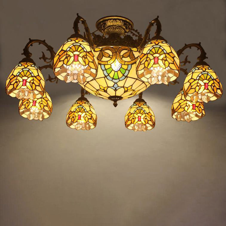 Tiffany Retro Beige Barock Buntglas 11-Licht Semi-Flush Mount Deckenleuchte 