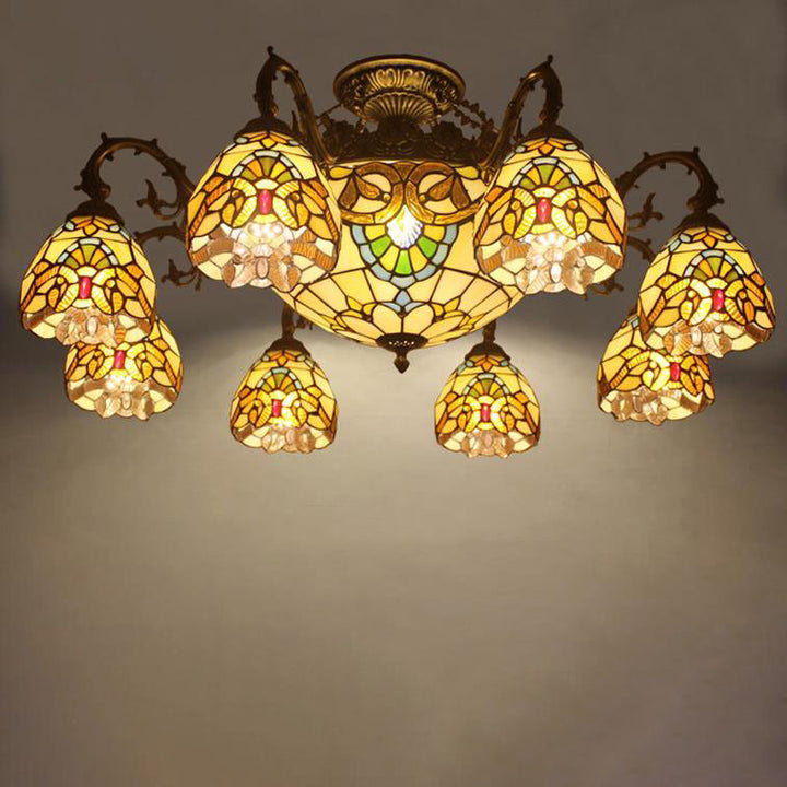 Tiffany Retro Beige Barock Buntglas 11-Licht Semi-Flush Mount Deckenleuchte 