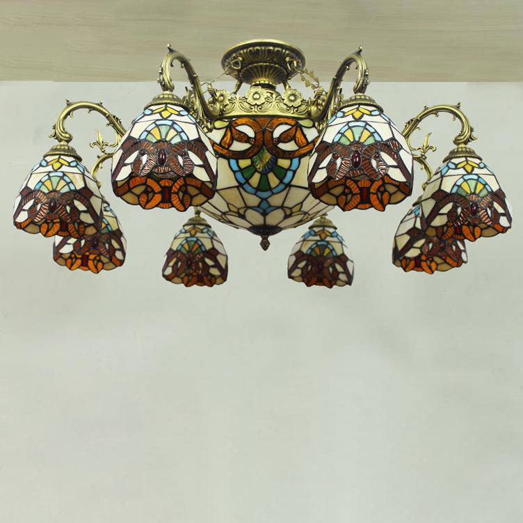 Tiffany Retro Beige Barock Buntglas 11-Licht Semi-Flush Mount Deckenleuchte 