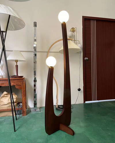 Modern Minimalist Walnut Solid Wood Glass Ball 2-Light Standing Floor Lamp