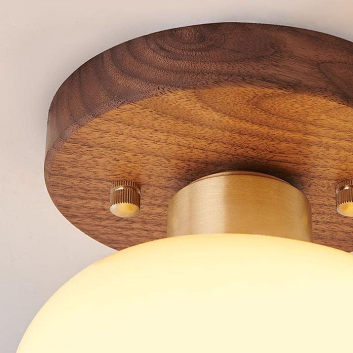 Creative Vintage Walnut Brass Round 1-Light Semi-Flush Mount Ceiling Light