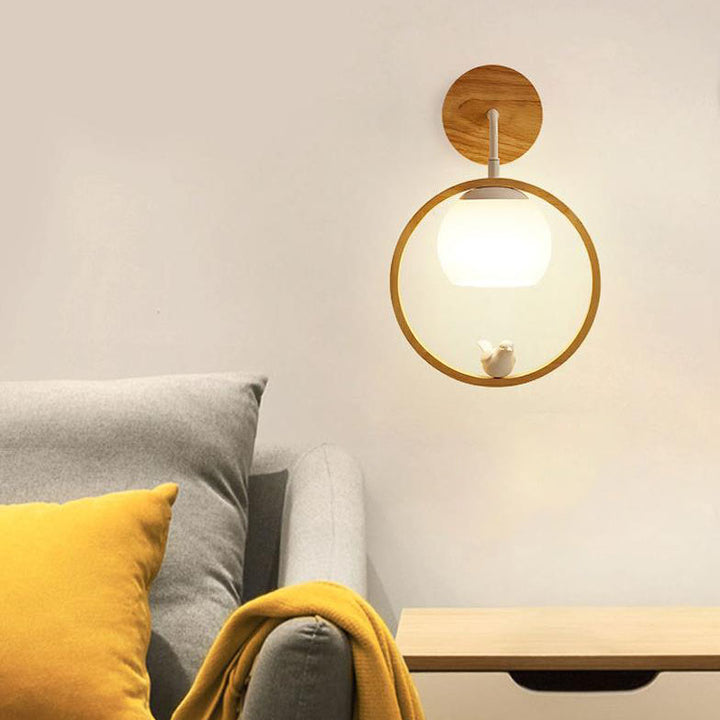 Japanese Harajuku Solid Wood Circle Ring Bird Decor 1-Light Wall Sconce Lamp