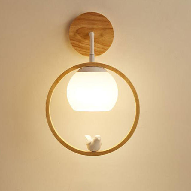 Japanese Harajuku Solid Wood Circle Ring Bird Decor 1-Light Wall Sconce Lamp