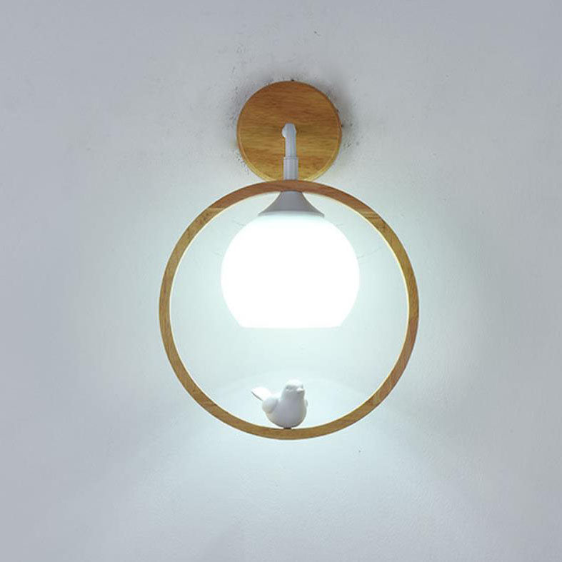 Japanese Harajuku Solid Wood Circle Ring Bird Decor 1-Light Wall Sconce Lamp
