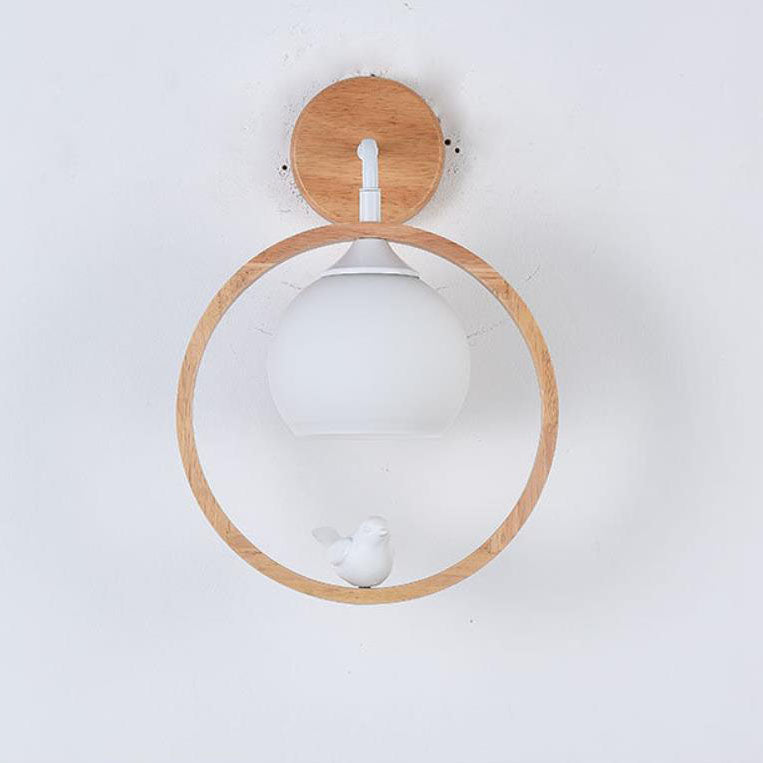 Japanese Harajuku Solid Wood Circle Ring Bird Decor 1-Light Wall Sconce Lamp