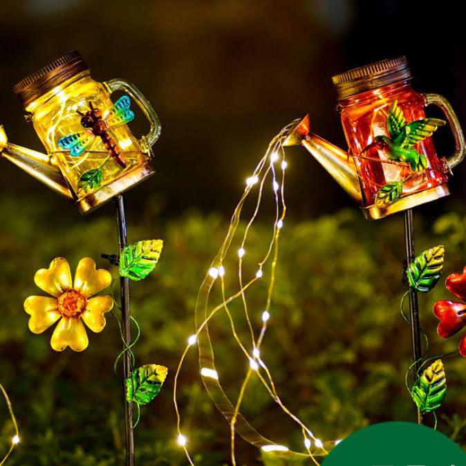 Decoración Creativa Solar Hierro Forjado Tetera LED Luz de Enchufe de Suelo para Exteriores 