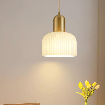 Japanischer Wabi-Sabi Messing Halbkreis Faltglas 1-Licht Pendelleuchte 