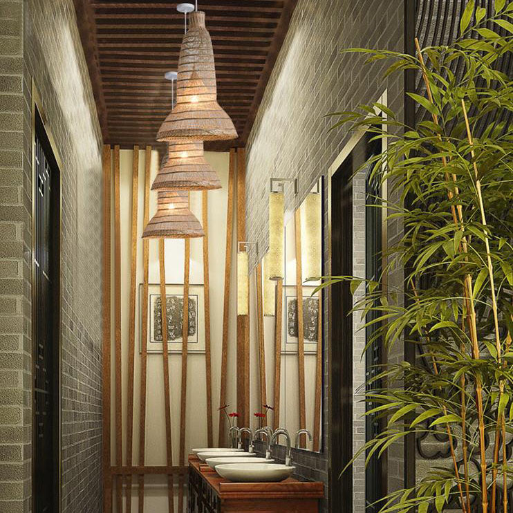 Luminaire suspendu à 1 lumière en cage de tissage en bambou zen chinois 