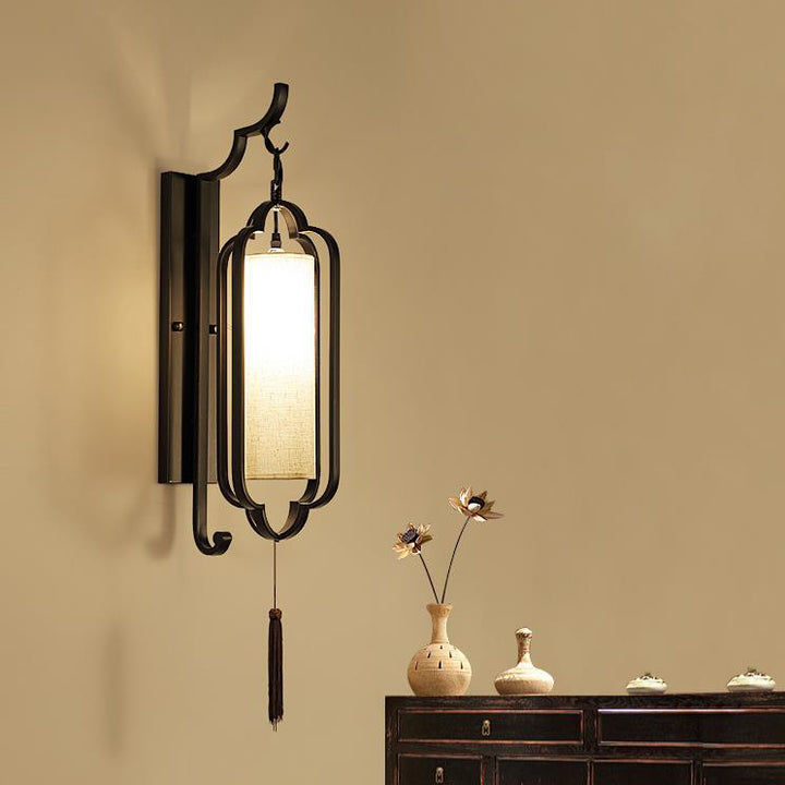 Chinese Vintage Iron Frame Tassel Fabric Cylindrical Shade 1-Light Wall Sconce Lamp