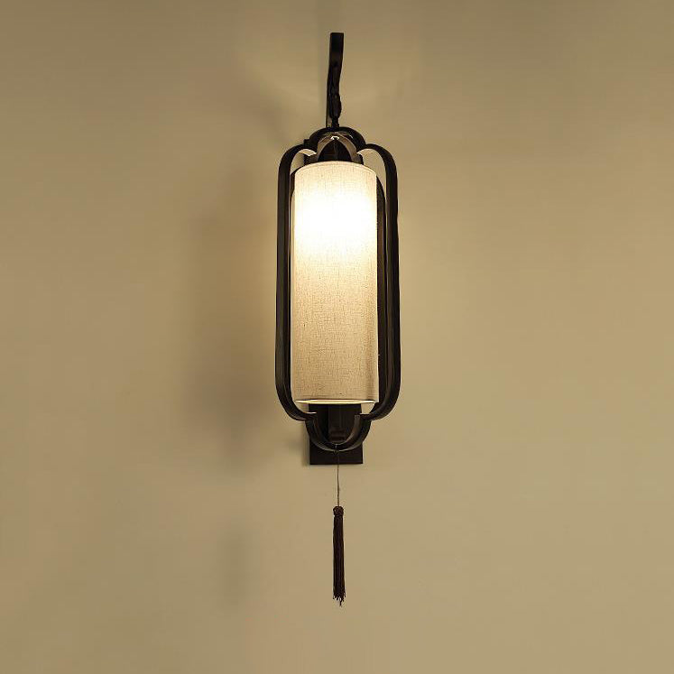 Chinese Vintage Iron Frame Tassel Fabric Cylindrical Shade 1-Light Wall Sconce Lamp
