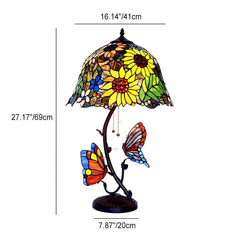 Tiffany Pastoral Double Butterfly Sunflower Stained Glass 2-Light Table Lamp