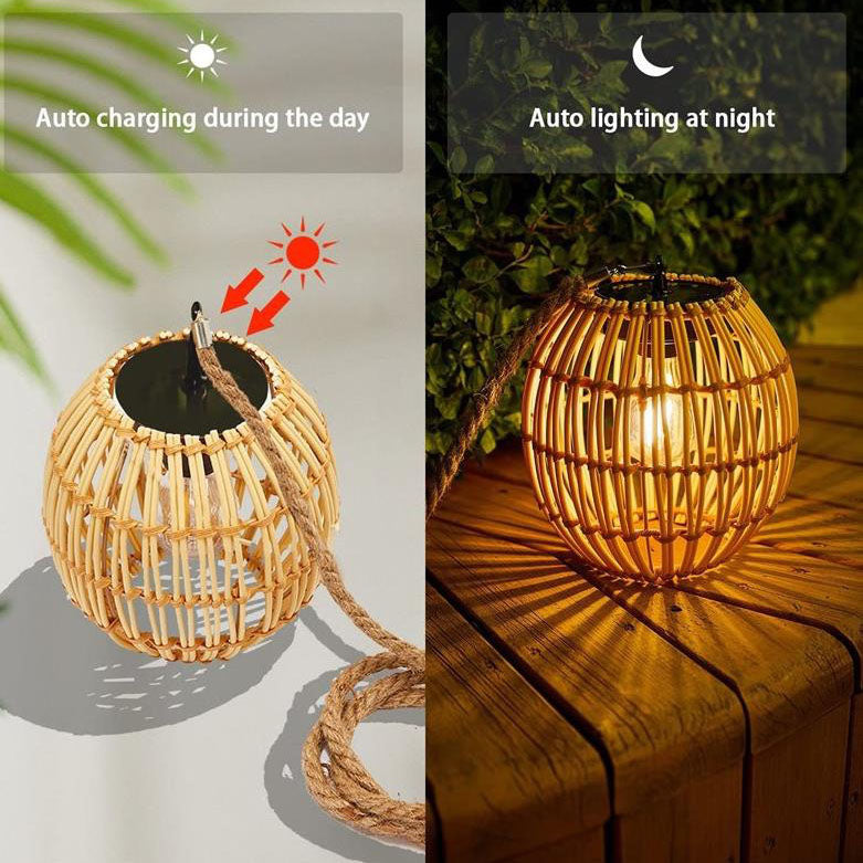 Lámpara colgante impermeable LED solar con jaula de tejido de ratán vintage tradicional para patio exterior 