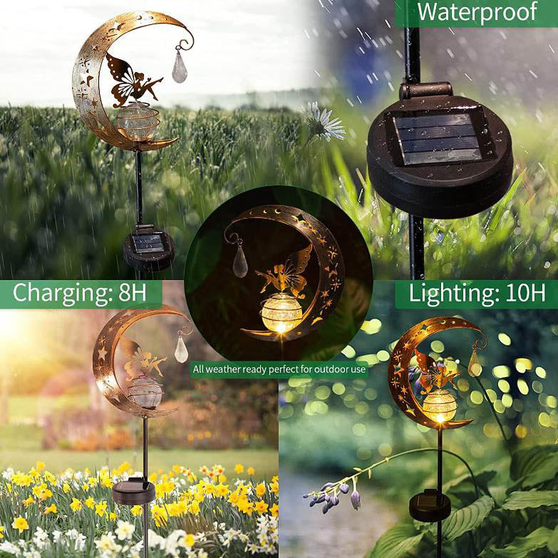 Contemporary Creative Moon Fairy Iron Solar LED Ground Plug Outdoor Landscape Light For Garden