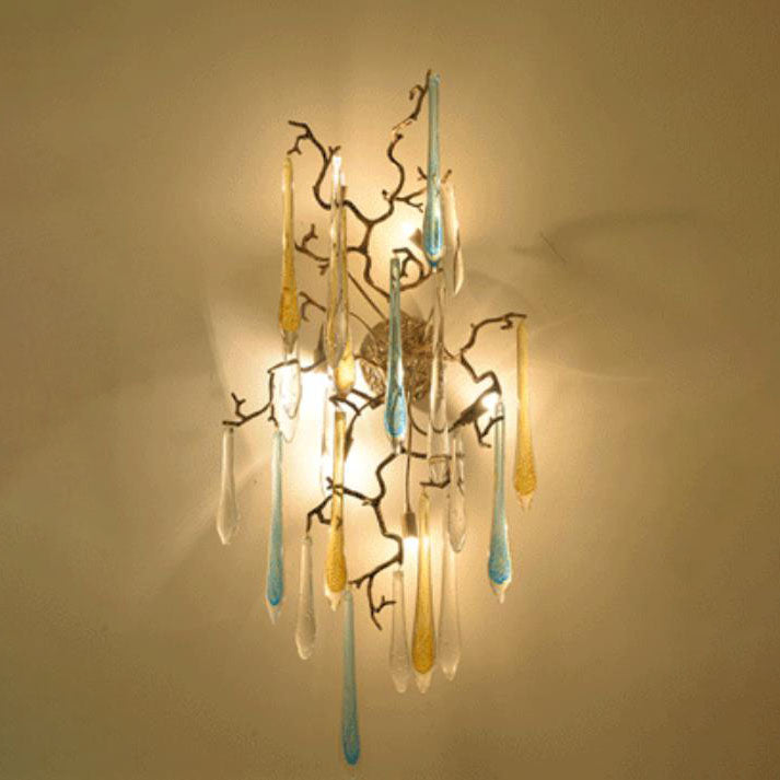 Lámpara de Aplique de Pared de 6 Luces de Cristal de Cobre Completo con Gotas de Agua en Rama de Árbol Art Deco Moderna para Sala de Estar 