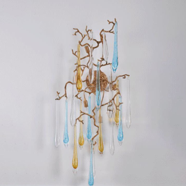 Modern Art Deco Tree Branch Water Drops Full Copper Crystal 6-Light Wall Sconce Lamp For Living Room