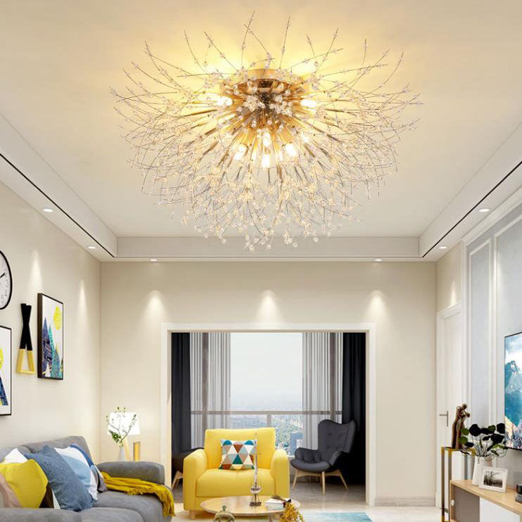 Modern Art Deco Crystal Beads Dandelion Aluminum Strip Shape 4/5/6/8-Light Semi-Flush Mount Ceiling Light For Living Room