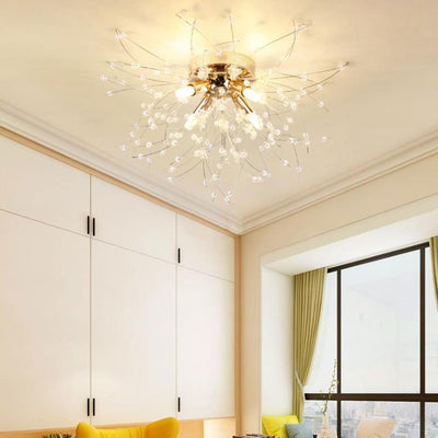 Modern Art Deco Crystal Beads Dandelion Aluminum Strip Shape 4/5/6/8-Light Semi-Flush Mount Ceiling Light For Living Room