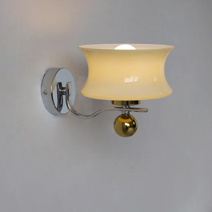 Contemporary Scandinavian Glass Drum Iron Wave Arm 1-Light Wall Sconce Lamp For Bedroom