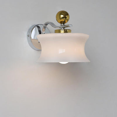 Contemporary Scandinavian Glass Drum Iron Wave Arm 1-Light Wall Sconce Lamp For Bedroom