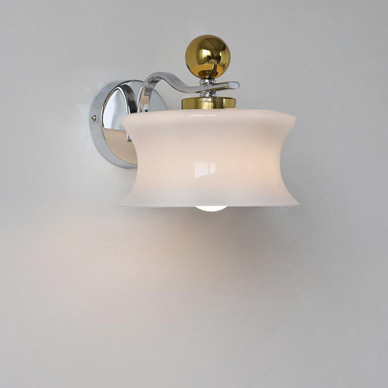 Contemporary Scandinavian Glass Drum Iron Wave Arm 1-Light Wall Sconce Lamp For Bedroom