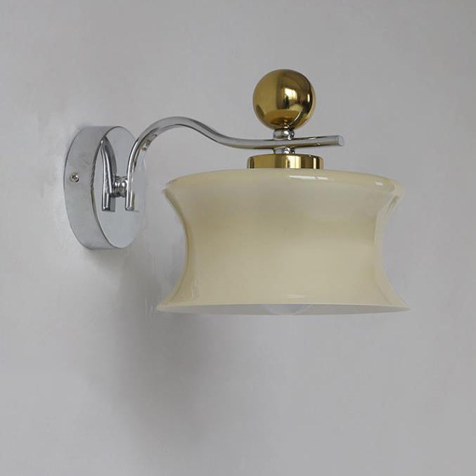 Contemporary Scandinavian Glass Drum Iron Wave Arm 1-Light Wall Sconce Lamp For Bedroom