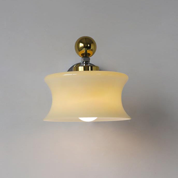 Contemporary Scandinavian Glass Drum Iron Wave Arm 1-Light Wall Sconce Lamp For Bedroom