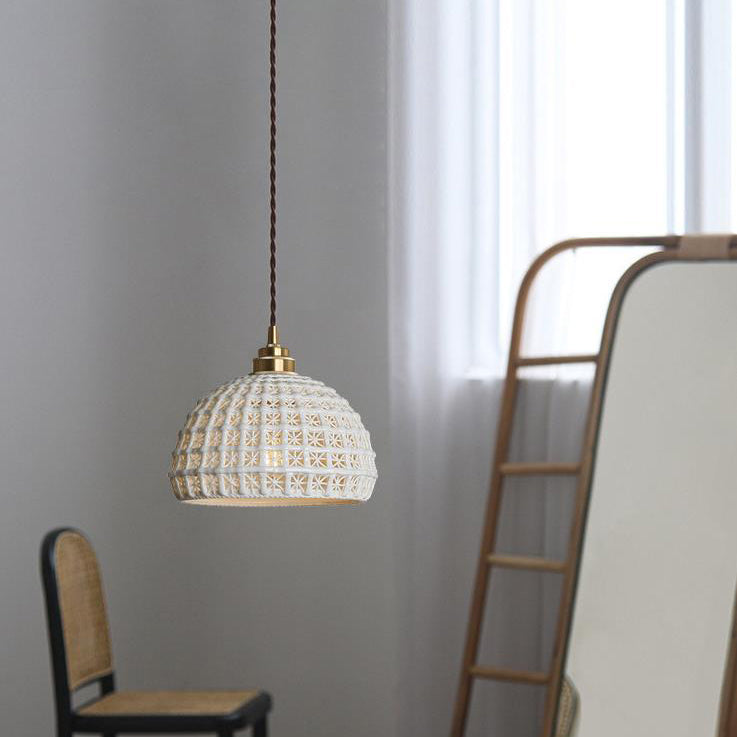Contemporary Retro Ceramic Brass Copper-Plated Basket Shade 1-Light Pendant Light For Living Room &amp; Bedroom