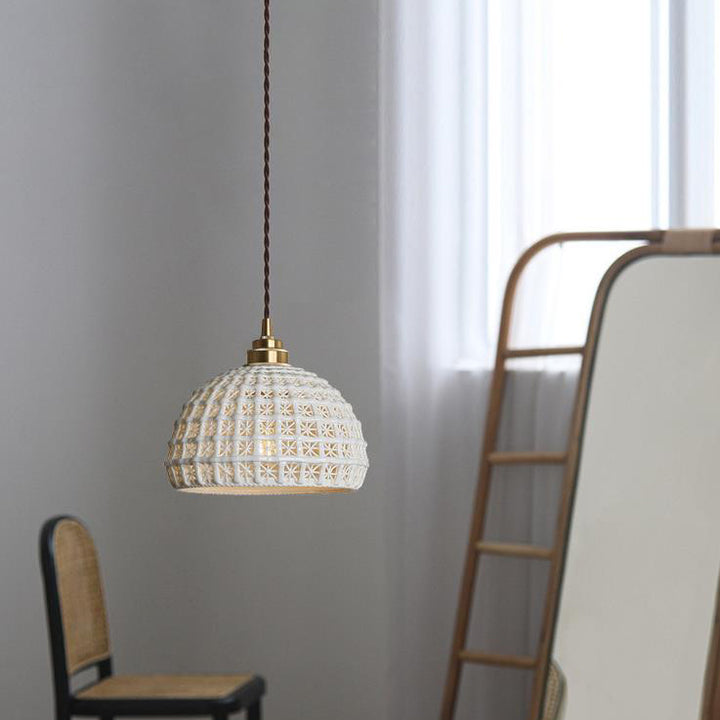 Contemporary Retro Ceramic Brass Copper-Plated Basket Shade 1-Light Pendant Light For Living Room &amp; Bedroom