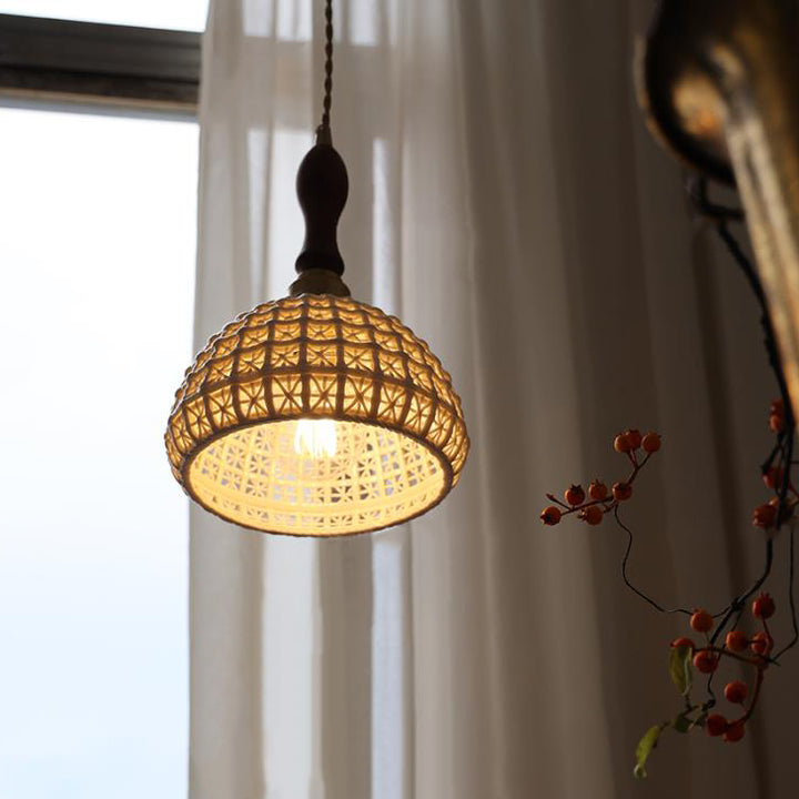 Contemporary Retro Ceramic Brass Copper-Plated Basket Shade 1-Light Pendant Light For Living Room &amp; Bedroom