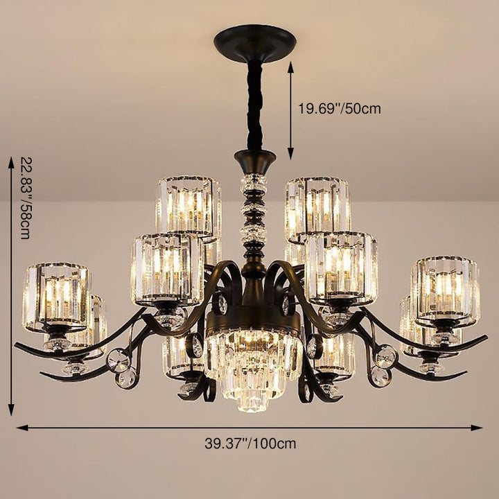 Modern Luxury Cylinder Iron Glass Crystal 6/8/10/12 Light Chandelier For Living Room