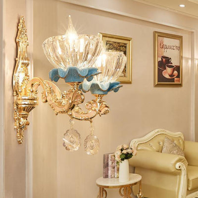 Aplique de pared de cristal de aleación de zinc con pétalos de flores tradicionales europeas 1/2 para sala de estar 