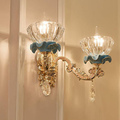 Aplique de pared de cristal de aleación de zinc con pétalos de flores tradicionales europeas 1/2 para sala de estar 