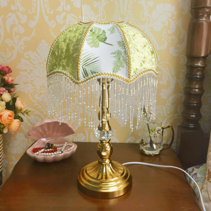 Lampe de table 1 lumière en tissu métallique avec parapluie à pompons rond traditionnel français pour chambre à coucher 